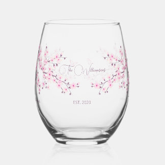 Floral Cherry Blossom Pink Wedding Stemless Wine Glass