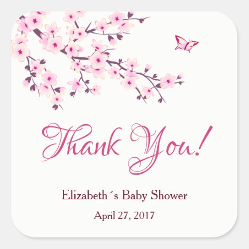 Floral Cherry Blossom Pink White Baby Shower Square Sticker