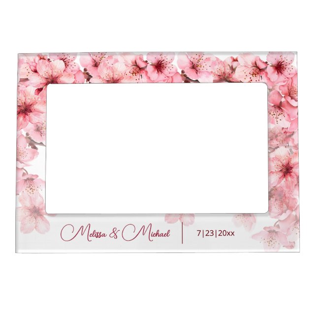 Floral Cherry Blossom Pink White Custom Wedding Magnetic Frame (Front)