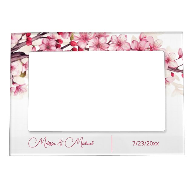 Floral Cherry Blossom Pink White Custom Wedding Magnetic Frame (Front)