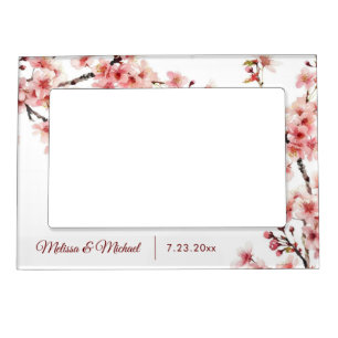 Floral Cherry Blossom Pink White Custom Wedding Magnetic Frame