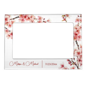 Floral Cherry Blossom Pink White Custom Wedding Magnetic Frame