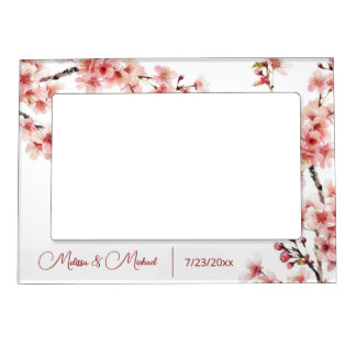 Floral Cherry Blossom Pink White Custom Wedding Magnetic Frame