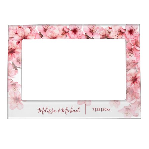 Floral Cherry Blossom Pink White Custom Wedding  Magnetic Frame