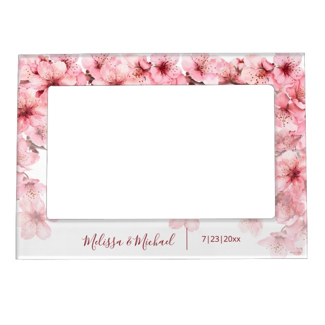 Floral Cherry Blossom Pink White Custom Wedding  Magnetic Frame (Front)