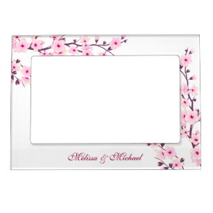 Floral Cherry Blossom Pink White Custom Wedding Magnetic Photo Frame