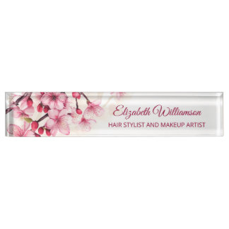 Floral Cherry Blossom Pink White  Desk Name Plate