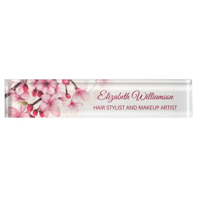 Floral Cherry Blossom Pink White  Desk Name Plate (Front)