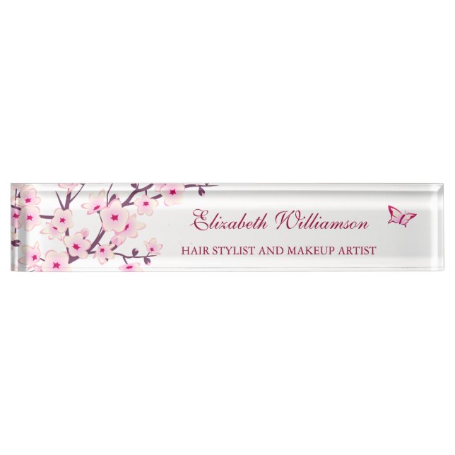Floral Cherry Blossom Pink White  Desk Name Plate (Front)