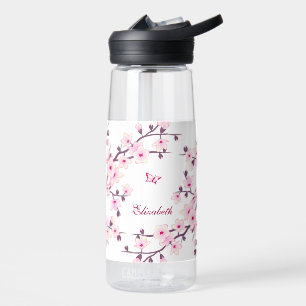 Floral Cherry Blossom Pink White Monogram Water Bottle