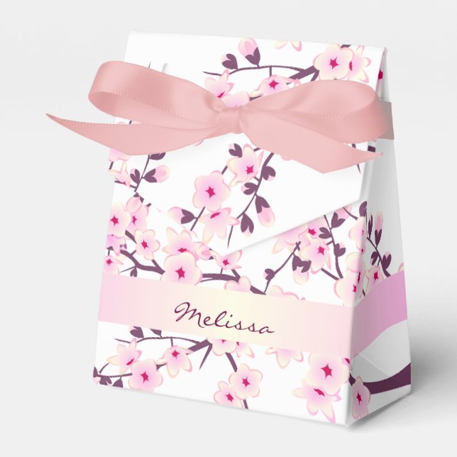 Floral Cherry Blossom Pink White Name Favor Box (Front Side)