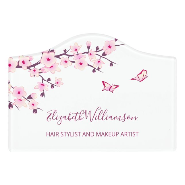 Floral Cherry Blossom Pink White Office  Door Sign (Small Crest Front)