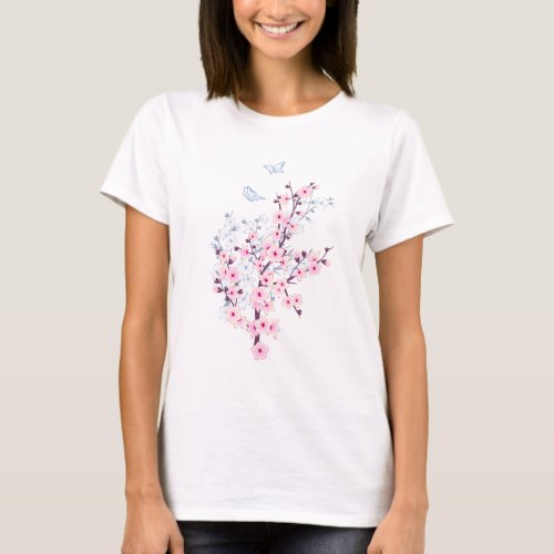 Floral Cherry Blossom Pink White T_Shirt