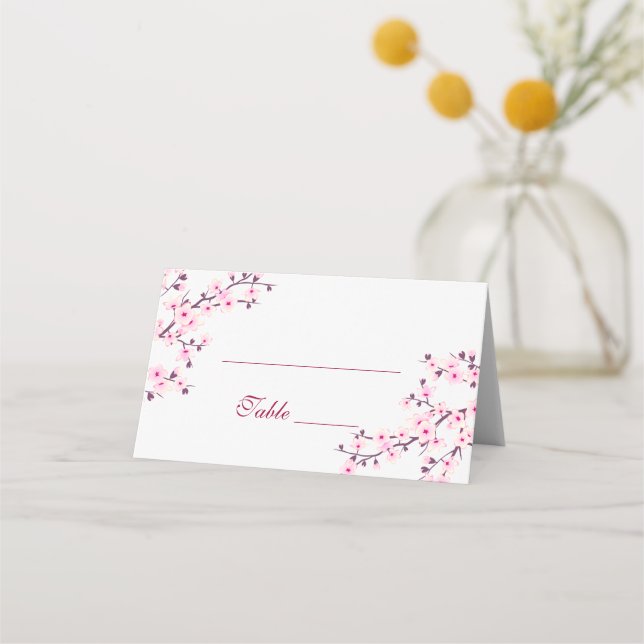 Floral Cherry Blossom Pink White Wedding Place Card (Front)