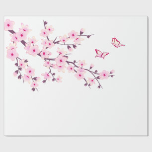 Floral Cherry Blossom Pink White Wrapping Paper