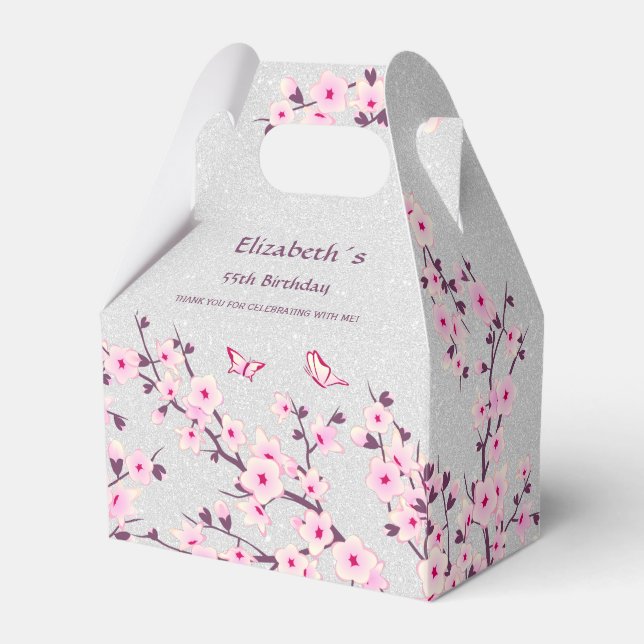 Floral Cherry Blossom Silver Custom Birthday Favor Boxes (Front Side)