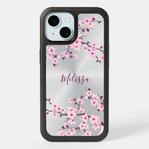 Floral Cherry Blossom Silver Pink Monogram iPhone 15 Case