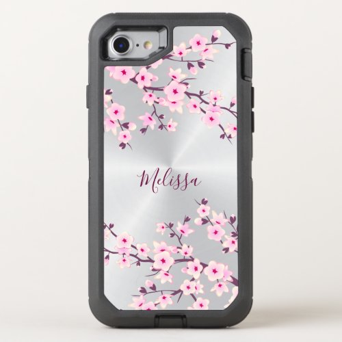 Floral Cherry Blossom Silver Pink Monogram OtterBox Defender iPhone SE87 Case