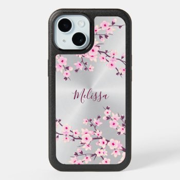Floral Cherry Blossom Silver Pink Monogram Iphone 15 Case by NinaBaydur at Zazzle