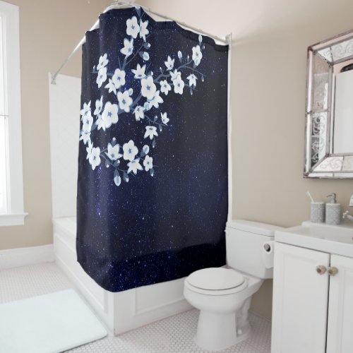 Floral Cherry Blossom Starry Sky Shower Curtain