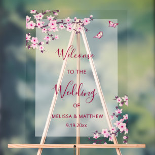 Floral Cherry Blossom Transparent Wedding Welcome Acrylic Sign