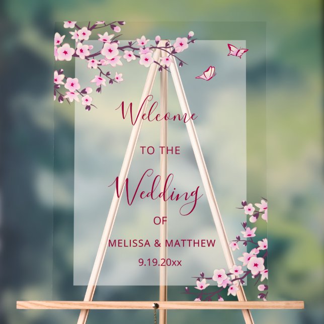 Floral Cherry Blossom Transparent Wedding Welcome Acrylic Sign (Neutral)