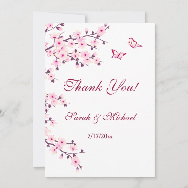 Floral Cherry Blossom Wedding Photo Thank You Card (Front)