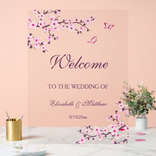 Floral Cherry Blossom Wedding Welcome Acrylic Sign