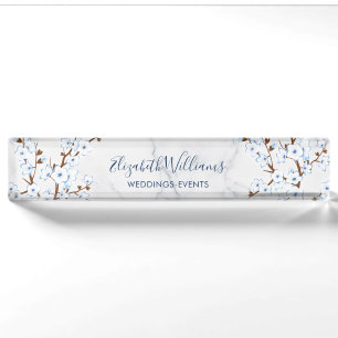 Floral Cherry Blossom White Blue Marble Desk Name Plate