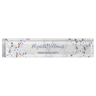 Floral Cherry Blossom White Blue Marble Desk Name Plate