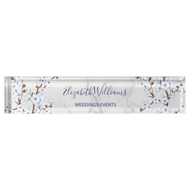 Floral Cherry Blossom White Blue Marble Desk Name Plate (Front)