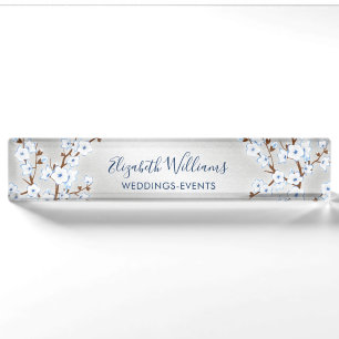 Floral Cherry Blossom White Blue Silver Desk Name Plate