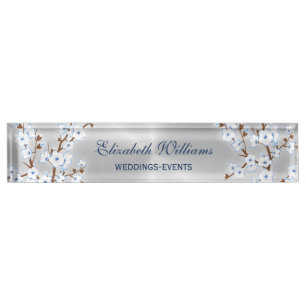 Floral Cherry Blossom White Blue Silver Desk Name Plate
