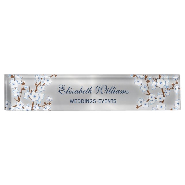 Floral Cherry Blossom White Blue Silver Desk Name Plate (Front)