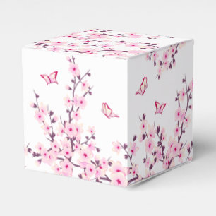 Floral Cherry Blossoms And Butterflies Pink White Favor Boxes