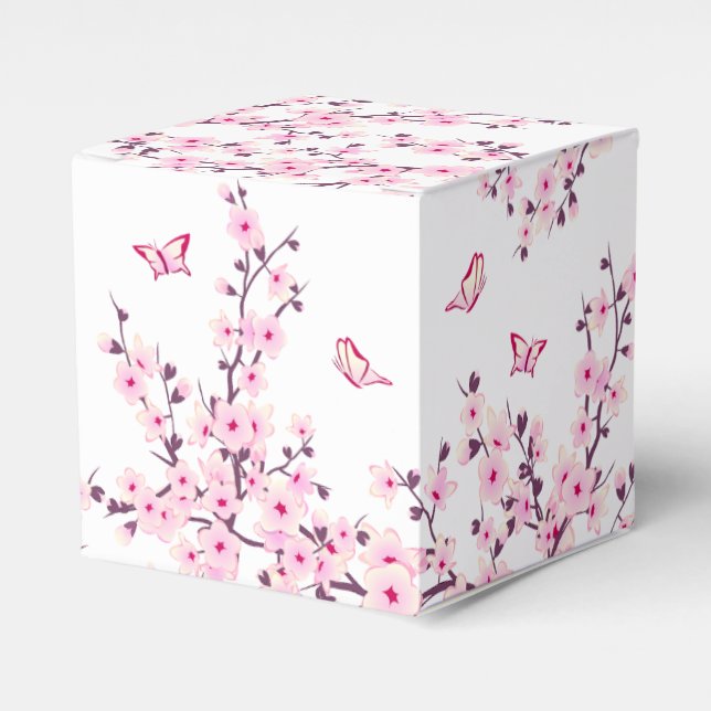 Floral Cherry Blossoms And Butterflies Pink White Favor Boxes (Front Side)