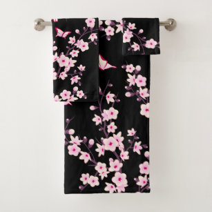 Bathroom Accessories Set Cherry Blossom Pink Black Shower Curtain Home –  BigProStore