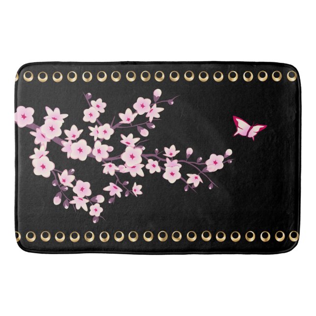Floral Cherry Blossoms Black Pink Gold Lines Bath Mat (Front)
