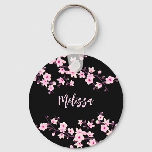 Floral Cherry Blossoms Black Pink Keychain