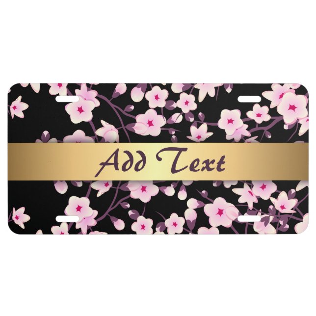 Floral Cherry Blossoms Black Pink License Plate (Front)