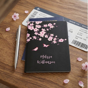 Floral Cherry Blossoms Black Pink Monogram Passport Holder