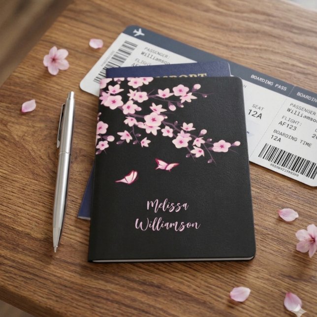 Floral Cherry Blossoms Black Pink Monogram Passport Holder (Creator Uploaded)
