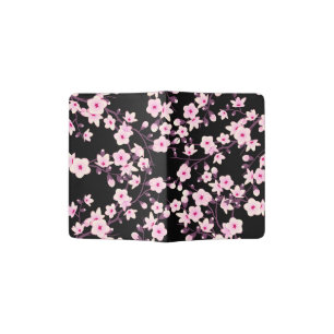 Floral Cherry Blossoms Black Pink Passport Holder
