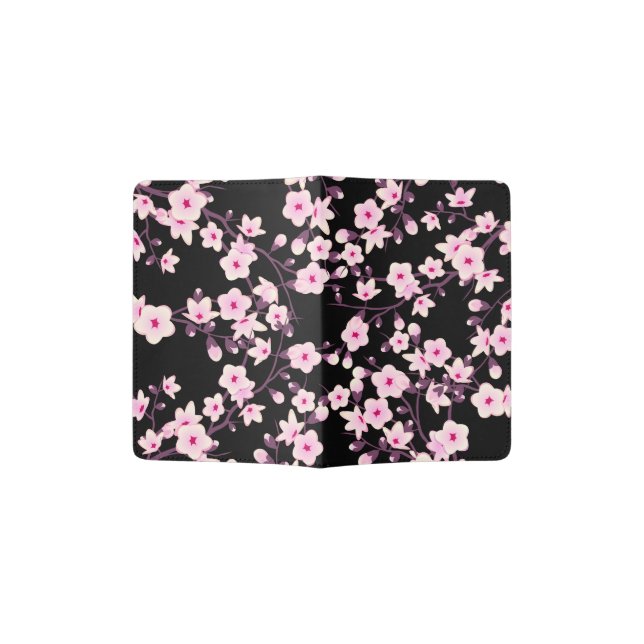 Floral Cherry Blossoms Black Pink Passport Holder (Opened)