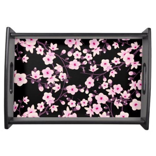 Floral Cherry Blossoms Black Pink Serving Tray