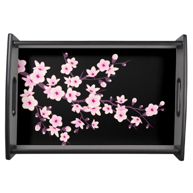 Floral Cherry Blossoms Black Pink Serving Tray (Front)