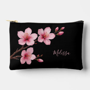 Floral Cherry Blossoms Black Pink   Your Name Accessory Pouch