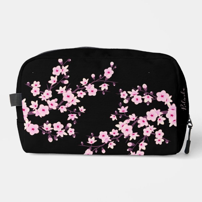 Floral Cherry Blossoms Black Pink | Your Name Dopp Kit (Front)