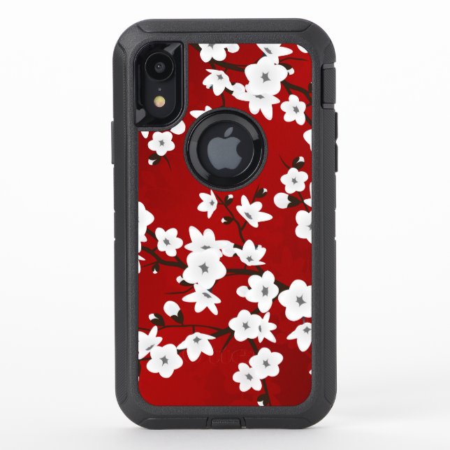 Floral Cherry Blossoms Black White Red Otterbox iPhone Case (Back)