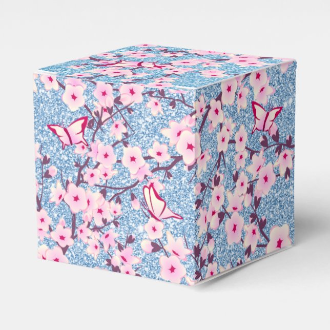 Floral Cherry Blossoms Blue Glitter Favor Boxes (Front Side)